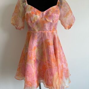 Lush Pink and Orange Swirl Puff Sleeve Mini Dress